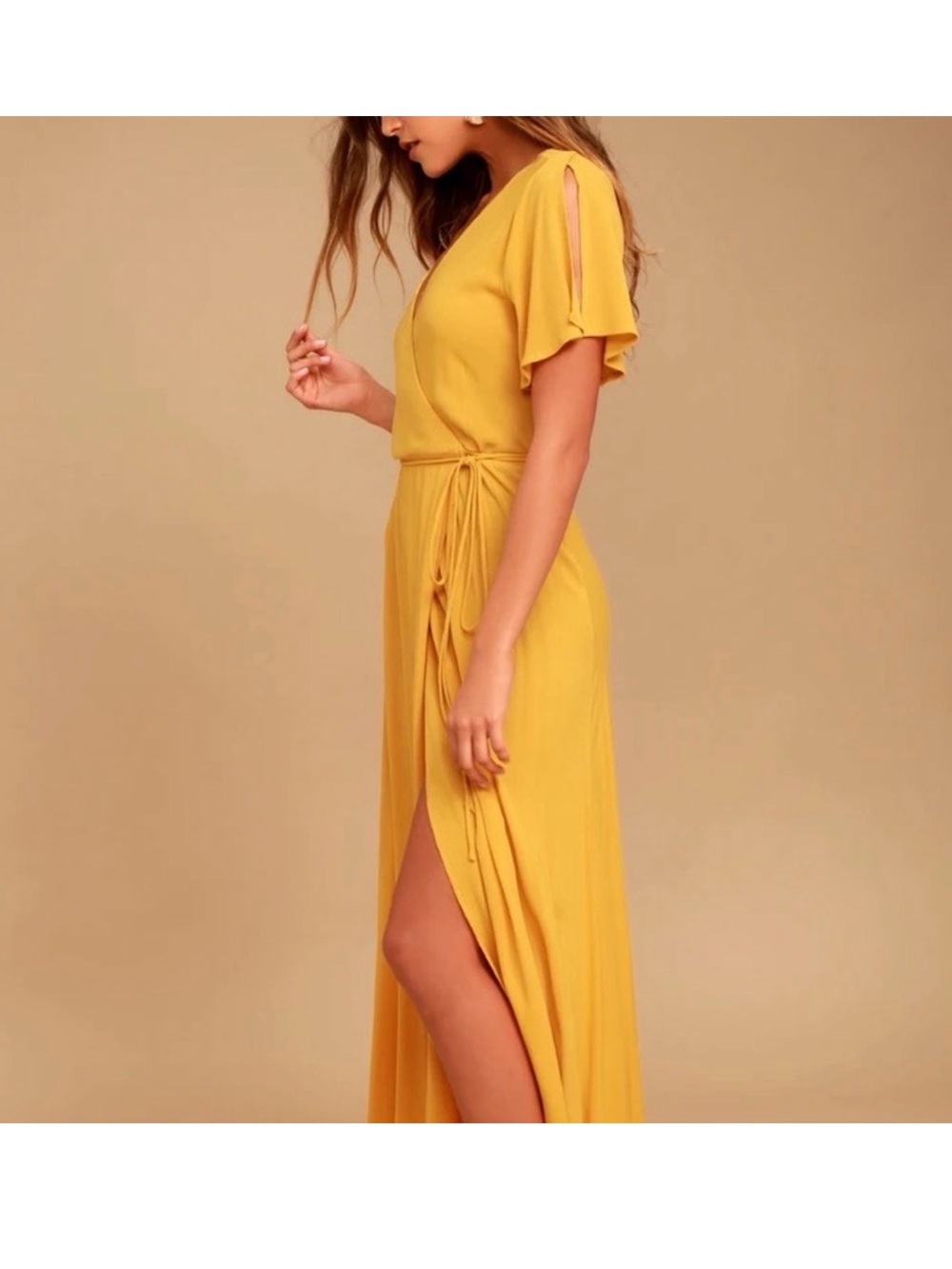 Lulu's Mustard Yellow Wrap Maxi Dress with High Slit - Picture 3 of 6